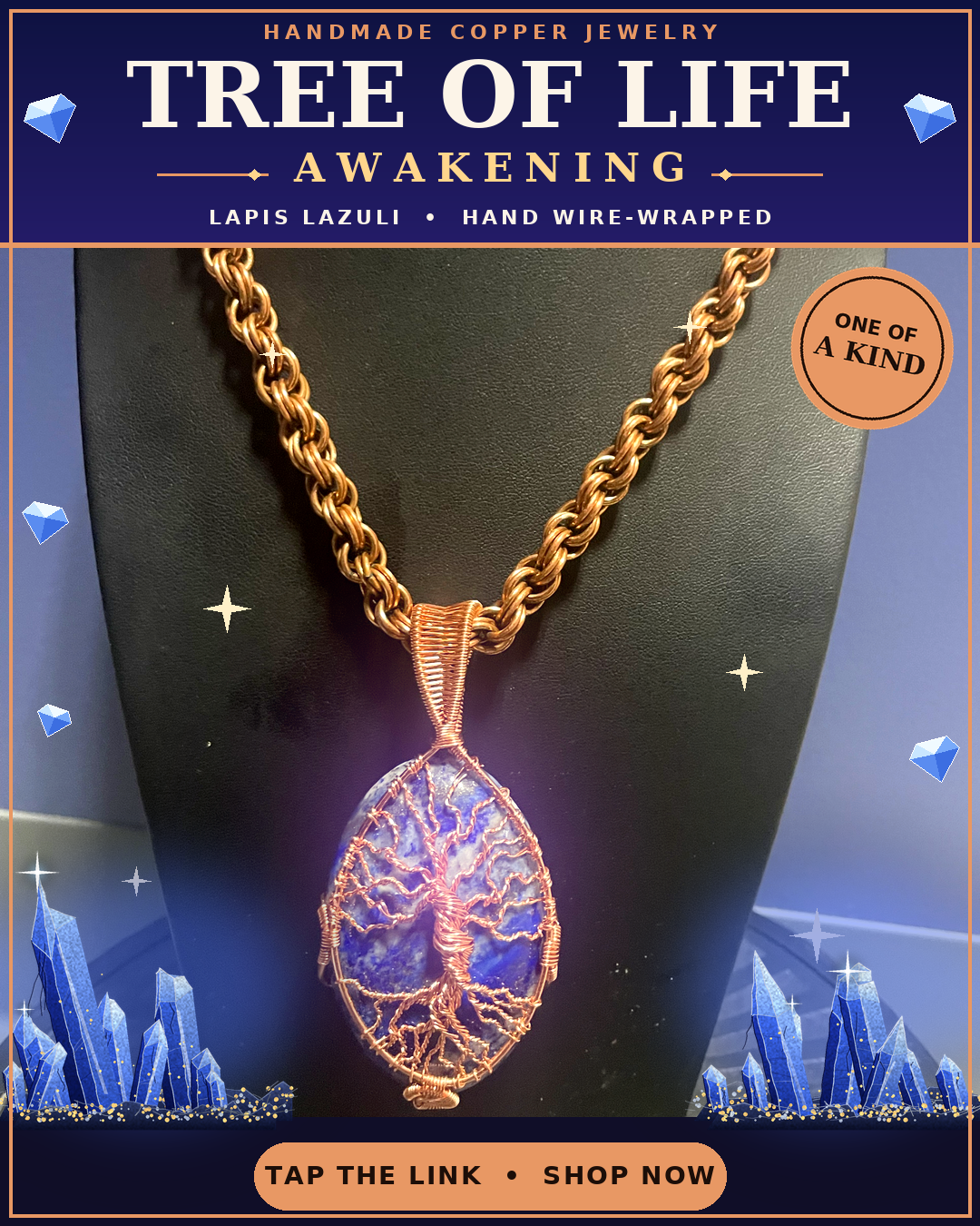 Tree of life gemstone pendant and Copper rope chain