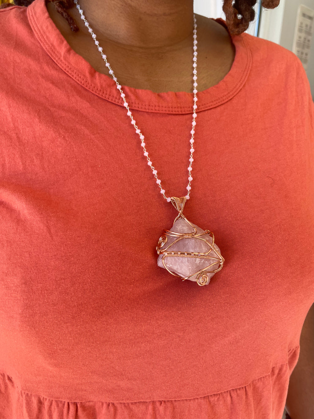 Rose Quartz copper wire wrapped pendant