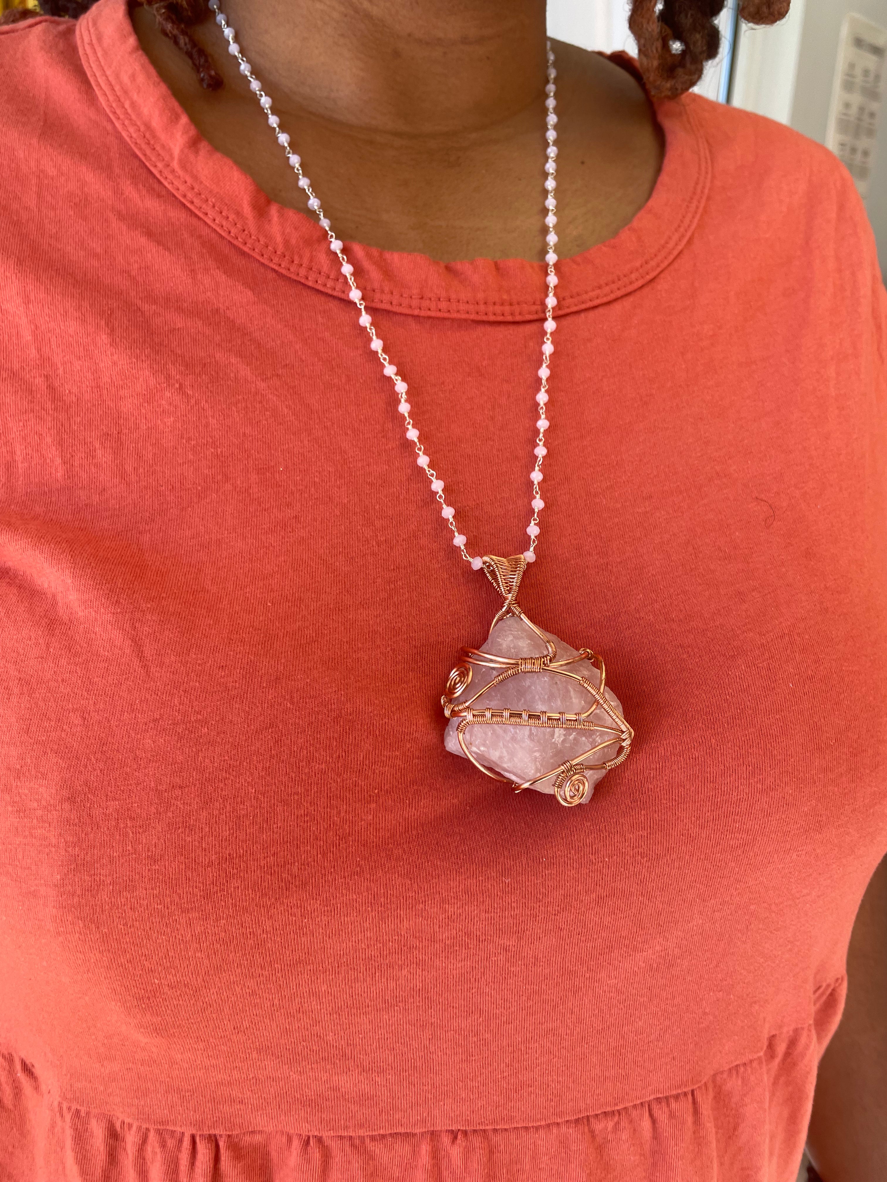 Rose Quartz copper wire wrapped pendant