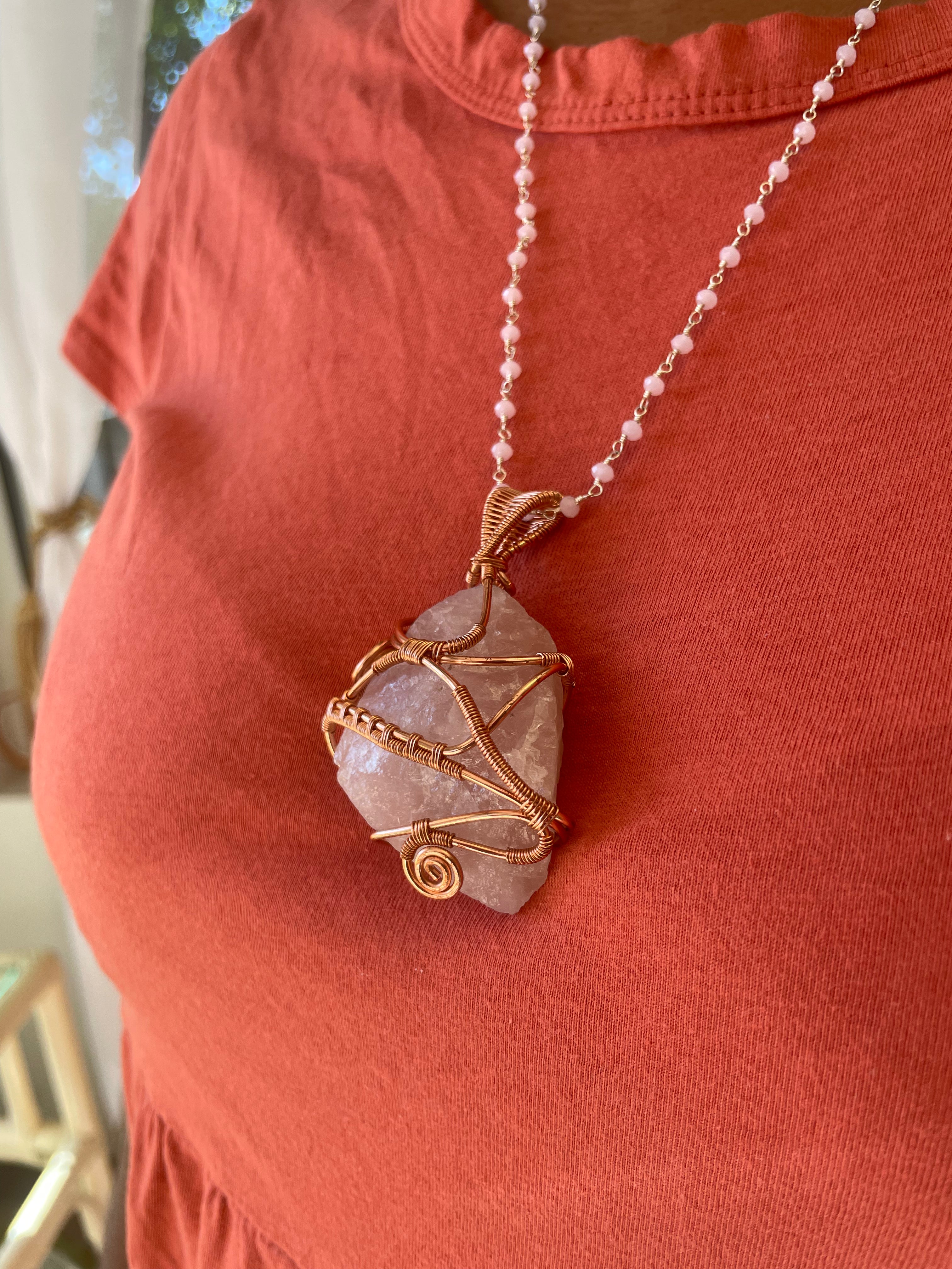 Rose Quartz copper wire wrapped pendant