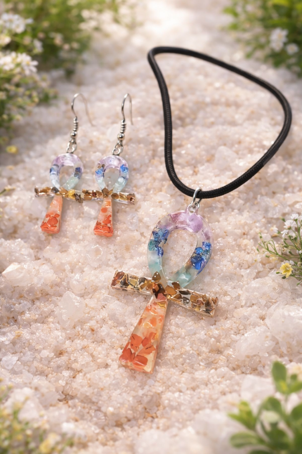 You choose the crystal! Sacred Ankh Jewelry Set – Earrings & Necklace